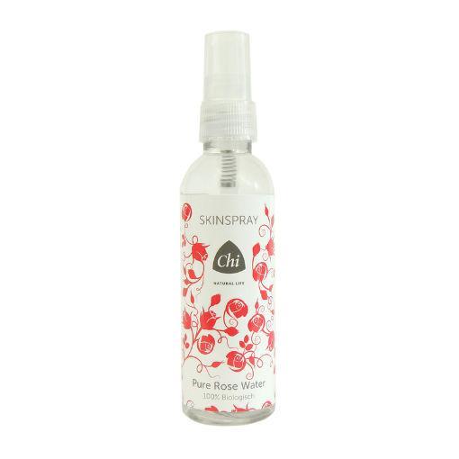 Chi Skinspray pure rosewater in a 100ml spray bottle, a natural body care product with a floral rose scent.