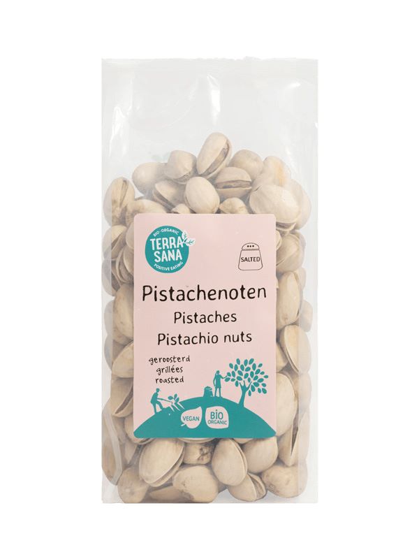 Roasted salted pistachio nuts in a bowl, TerraSana organic pistachachenoten, 200g, crispy snack in a natural setting.