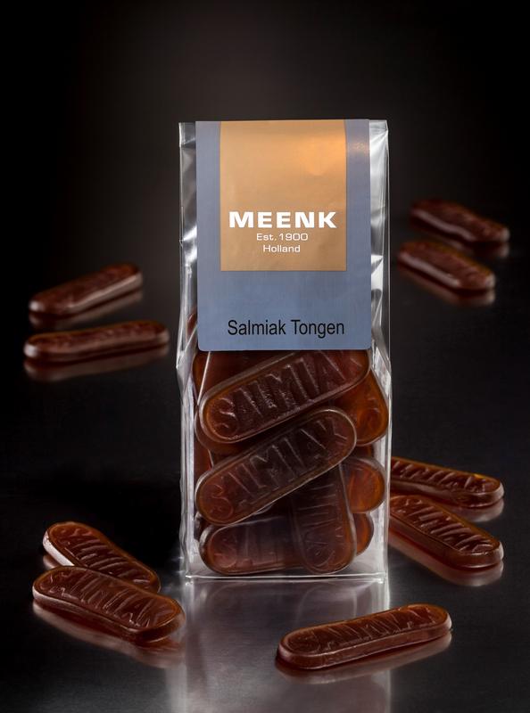 Meenk Salmiak tongen candy, 170g, salty licorice chew, shown in a close-up image of the salty licorice treat.