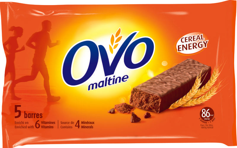 Ovomaltine Cereal energy bars, 20g each, five-piece snack pack featuring crunchy cereal and chocolate flavor.