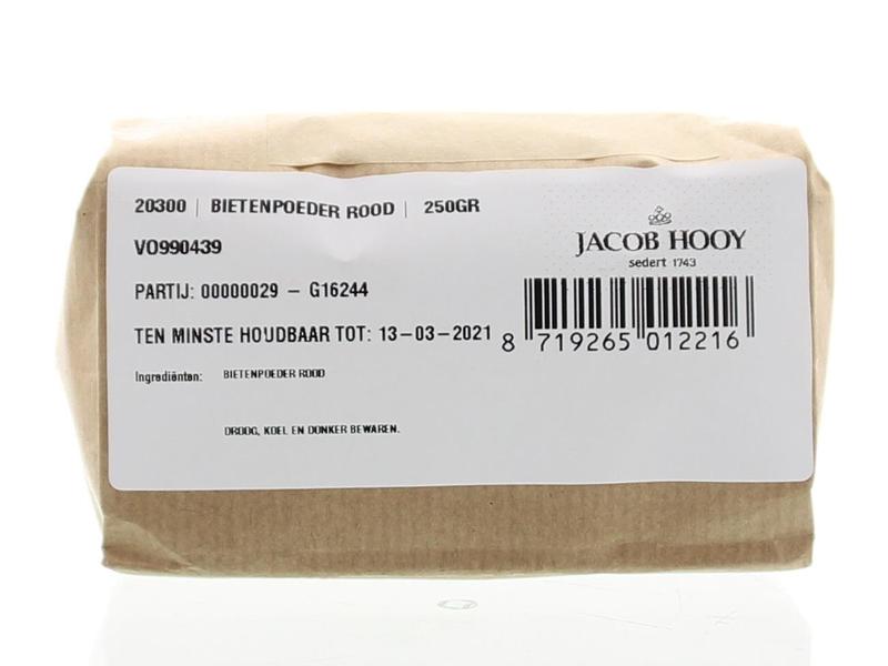 Red beetroot powder by Jacob Hooy in a 250g package, shown in a clear container with vibrant red powder visible inside.