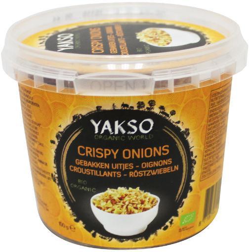 Yakso biologische gebakken uitjes in 100g pack, fresh and crispy, ideal for adding flavor to dishes.
