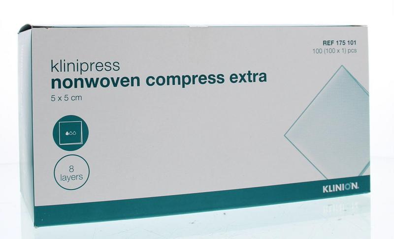 Klinion Klinipress non-woven compress 5x5cm, sterile medical gauze, pack of 100 for wound care and dressing applications.