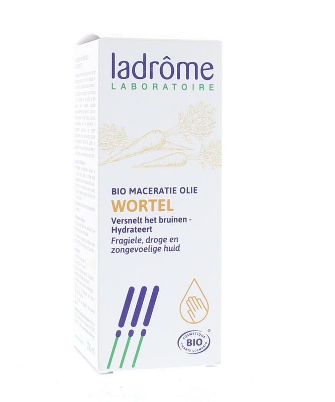 Ladrome Wortelolie bottle in 100ml for body care, featuring a clear label and orange-colored oil inside.
