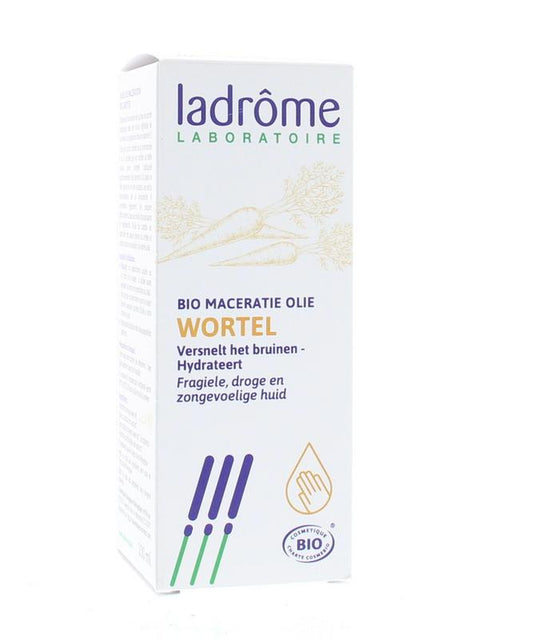 Ladrome Wortelolie bottle in 100ml for body care, featuring a clear label and orange-colored oil inside.