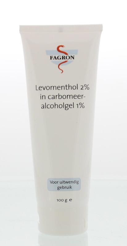 Fagron Levomenthol 2% carbomeer gel for body care, 100 grams, with a clear tube of menthol-infused gel.