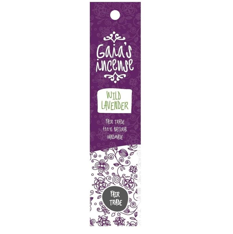 Gaia's Incense wild lavender incense sticks, 15-pack, with lavender floral design and natural packaging, for aromatic relaxation.