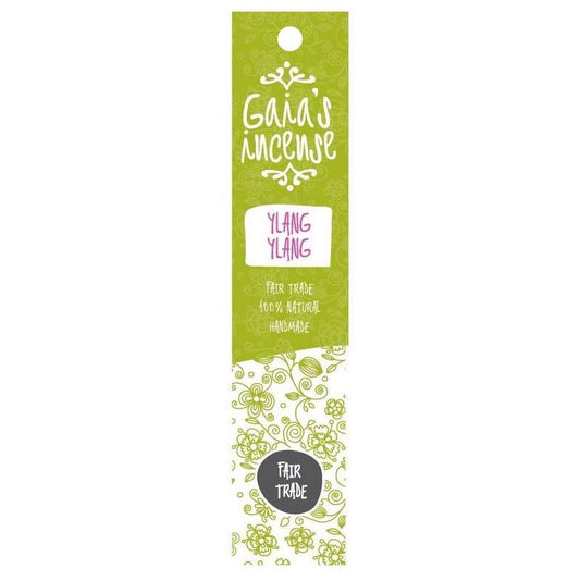 Gaia's Incense Ylang Ylang Wierook sticks, 15-pack, natural aromatic incense with floral scent, arranged in a neat pile.