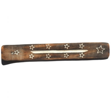 Volatile fair trade wooden incense burner with 1 stick of incense, natural wood finish, designed for aromatic incense burning.