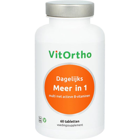 VitOrtho Meer in 1 daily multivitamin tablets, showing a bottle of 60 dietary supplement tablets with colorful label.