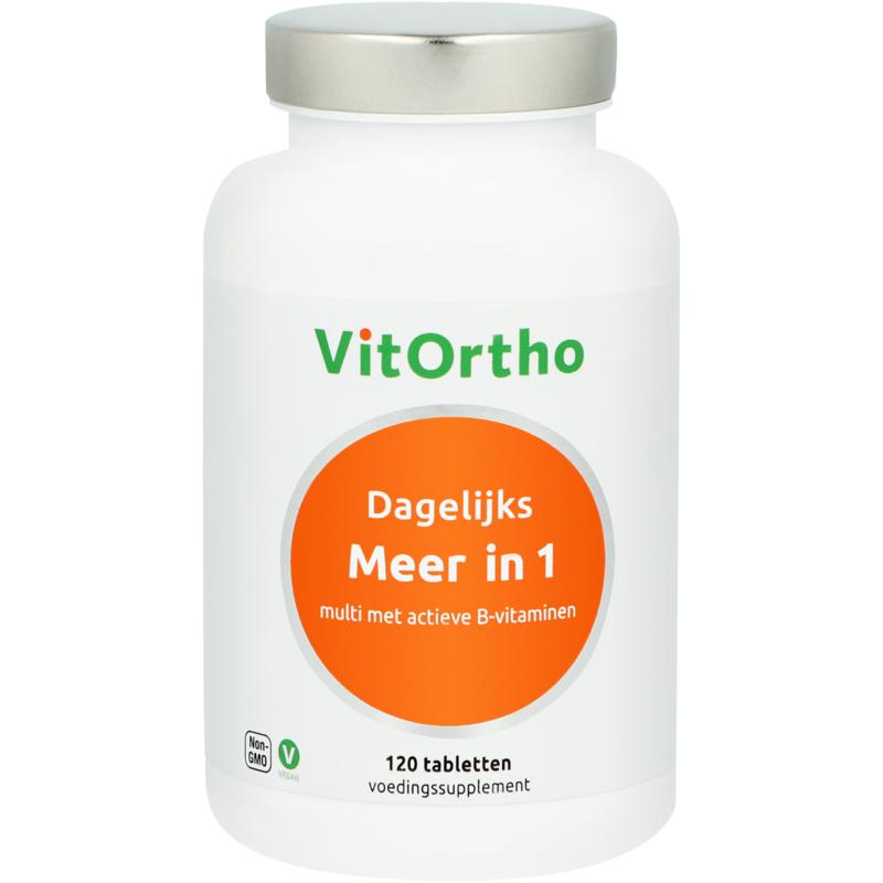 VitOrtho Meer in 1 daily multivitamin tablets, 120 count, showing the bottle and tablets on a white background.