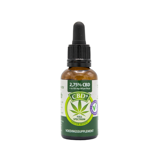 Jacob Hooy CBD Plus olie in 30ml bottle, herbal supplement with CBD, featuring a dropper cap and natural herbal ingredients.
