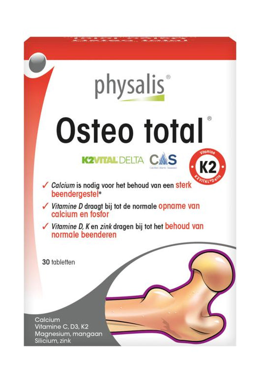 Physalis Osteo total herbal supplement in a bottle with 30 tablets, part of Physalis kruidenpreparaten for bone support.