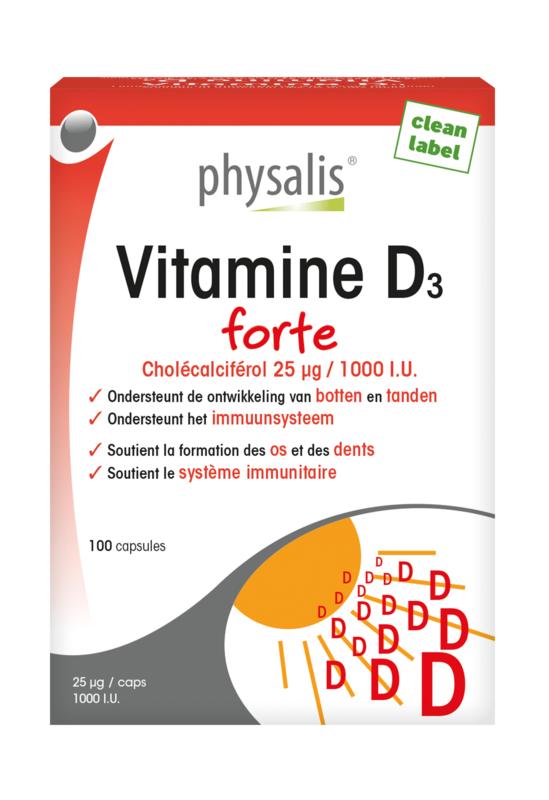Physalis Vitamine D3 Forte capsules in a bottle, herbal supplement product from Physalis brand, with label visible.