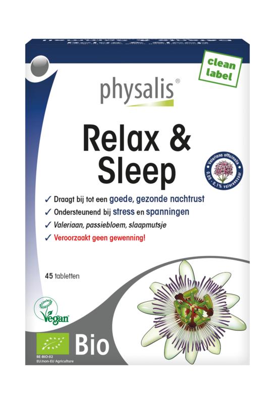 Physalis Relax & Sleep bio herbal supplement in a bottle of 45 tablets, featuring natural ingredients for relaxation and sleep support.