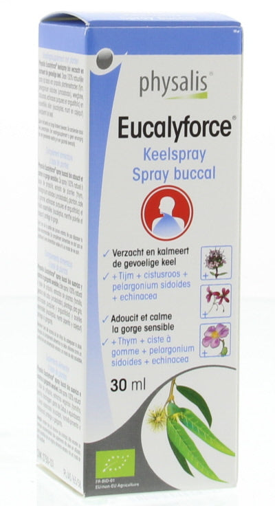 Physalis Eucalyforce keelspray bio in 30ml bottle, herbal remedy from Physalis for soothing throat and respiratory comfort.