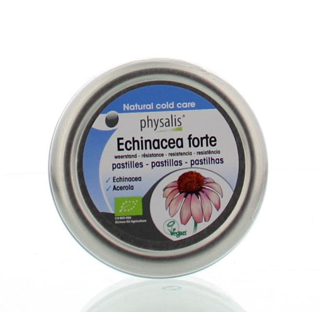 Physalis Echinacea Forte gummies in a clear container, showcasing colorful, berry-flavored herbal supplement snoepgoed on a white background.