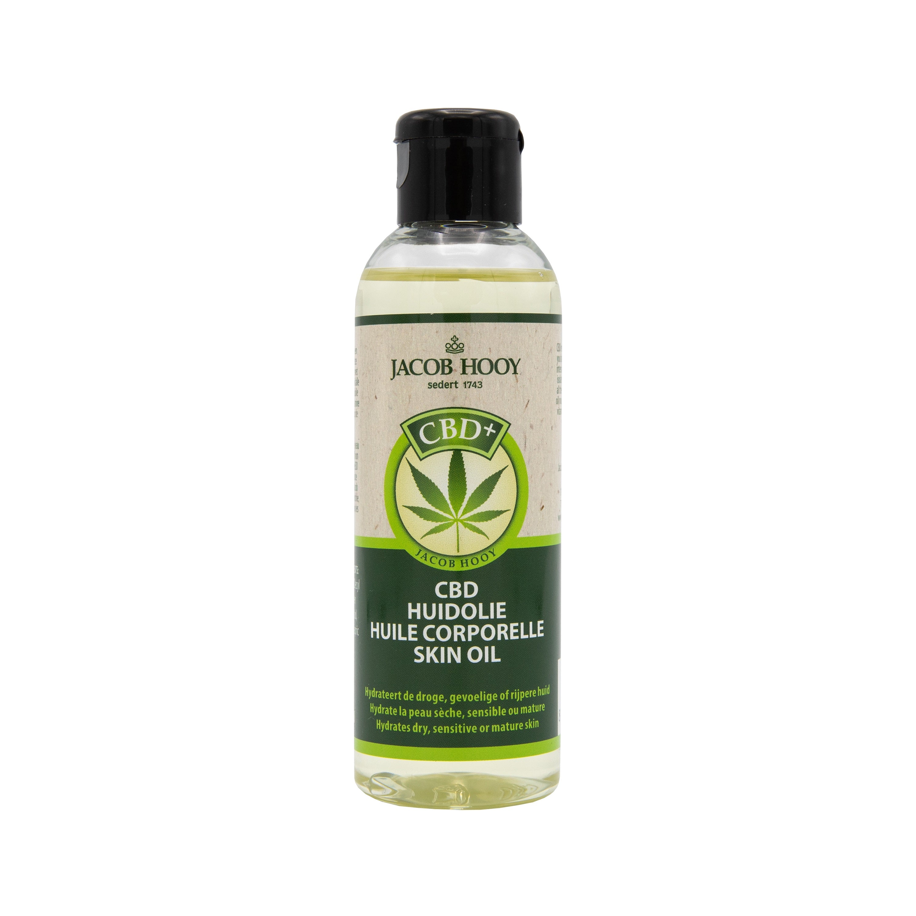 Jacob Hooy CBD Plus huidolie in 100ml bottle, natural body care oil with CBD for nourishing skin.