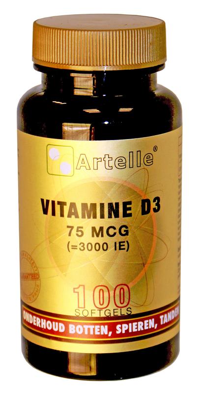 Artelle Vitamin D3 75mcg softgels, 100-count bottle, showing the softgel capsules and product packaging.