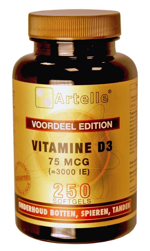 Artelle Vitamin D3 75mcg 250 softgels bottle, dietary supplement for immune support and bone health