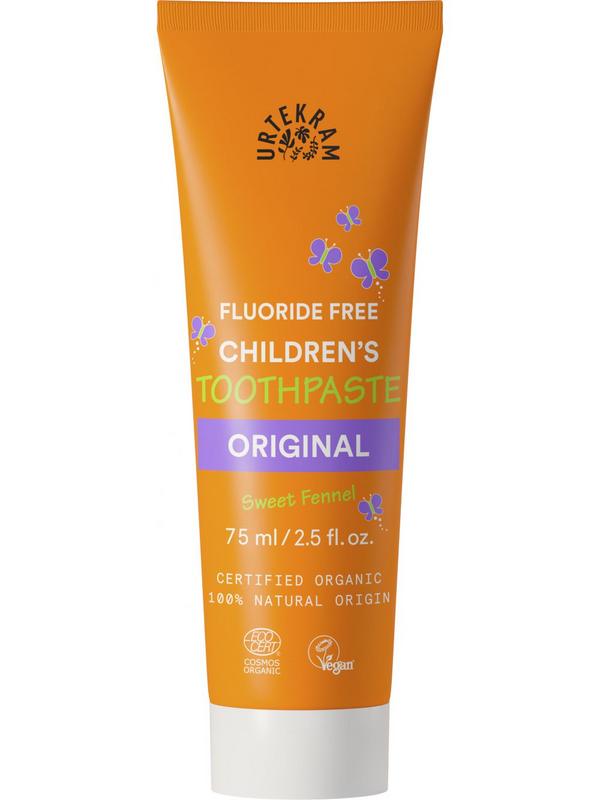 Urtekram Kinder tandpasta origineel 75ml tube with colorful packaging and child-friendly design, suitable for kids' oral care.