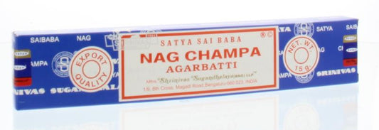 Nag Champa Wierookstokjes incense sticks in a 15g package, highlighting the aromatic Nag Champa brand incense.