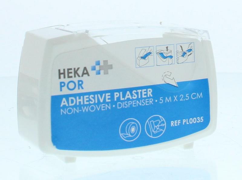 Hekapor non-woven hechtpleister dispenser with 5x2.5 cm adhesive bandages, shown in a clear image.