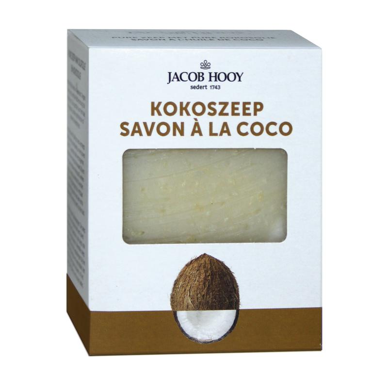 Jacob Hooy Kokos Zeep in een 240 ml fles, natuurlijke kokosgeur en zachte zeep voor huidverzorging.