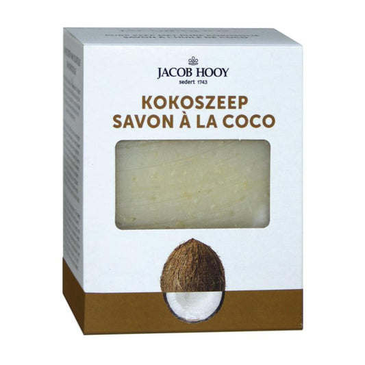Jacob Hooy Kokos Zeep in een 240 ml fles, natuurlijke kokosgeur en zachte zeep voor huidverzorging.