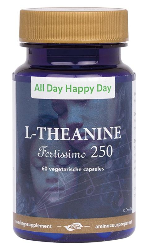 All Day Happy Day L-Theanine 250mg vegetarian capsules, amino acids supplement for relaxation, shown in a bottle on a white background.