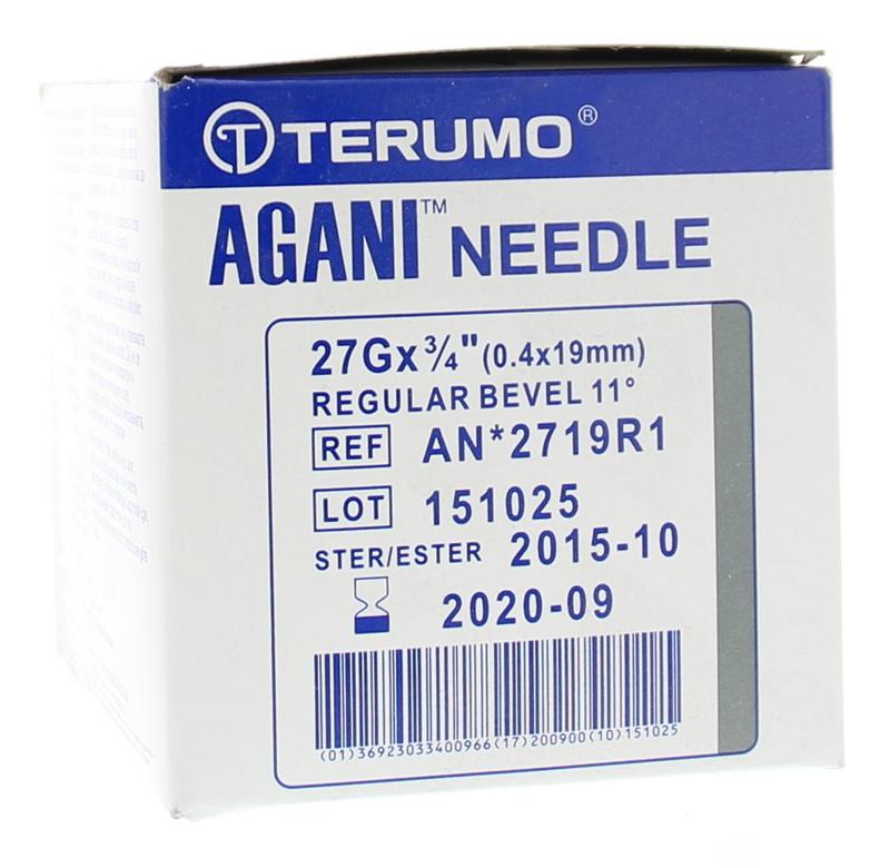Terumo Injectienaald 04 x 19 27G lancet needles for blood sampling, displayed in a box with 100 pieces.