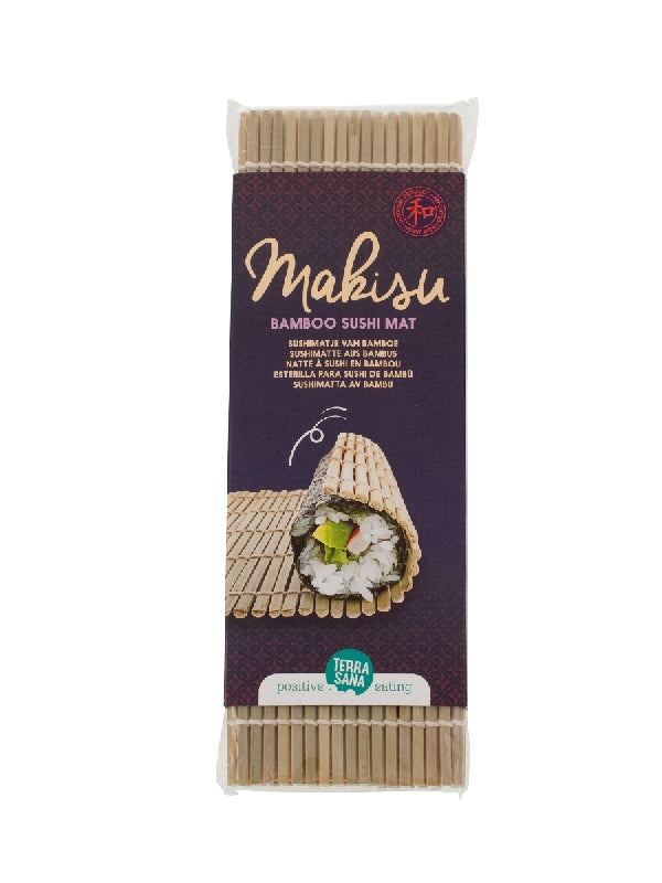 TerraSana bamboo sushi rolling mat with thin, natural bamboo sticks for making sushi rolls, on a clean surface.