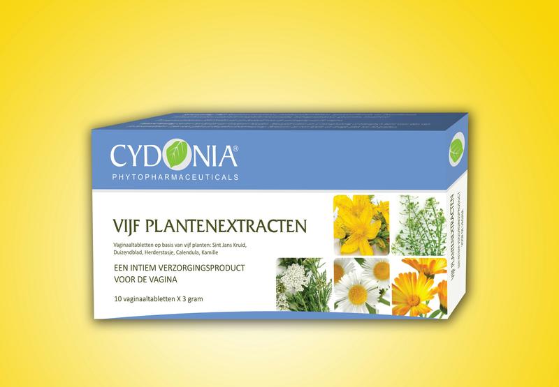 Cydonia Vijf plantenextractien intiem lichaamsverzorging zetpillen, 10.00, shown in blister pack with white and green packaging