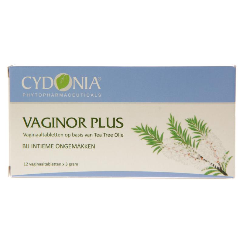 Cydonia Vaginor Plus Intiem 12 Zetpillen for dameshygiëne, featuring a box of vaginal suppositories with branding and packaging.