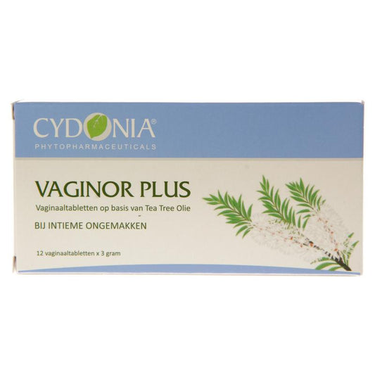 Cydonia Vaginor Plus Intiem 12 Zetpillen for dameshygiëne, featuring a box of vaginal suppositories with branding and packaging.