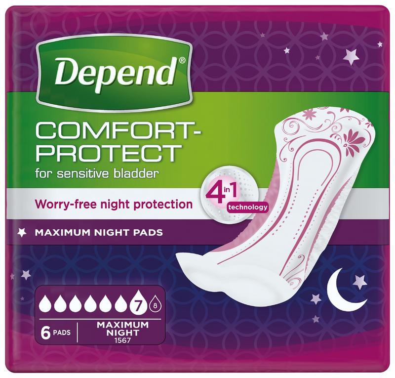 Depend Verband maximum incontinent pad, six-pack, designed for adult incontinence protection, shown in the image.