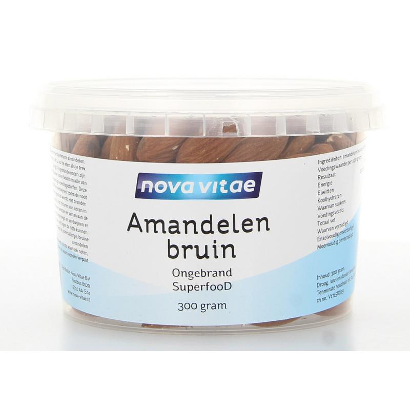 Raw organic brown almonds from Nova Vitae in a 300g package, shown in a close-up image with almonds spilling out.