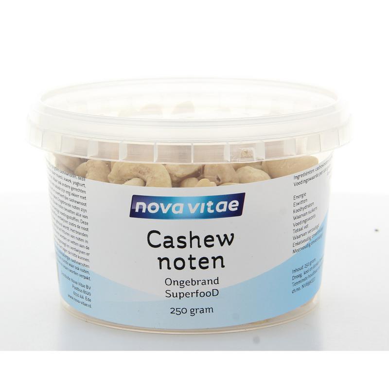 Raw cashew nuts from Nova Vitae, unroasted and natural, in a 250g package, showcasing fresh, whole cashews.