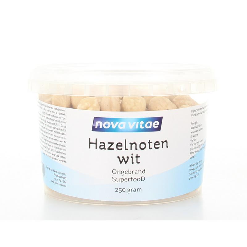 Raw hazelnuts from Nova Vitae, unbranded, 250 grams, displayed in a natural setting with fresh, whole hazelnuts and shells.