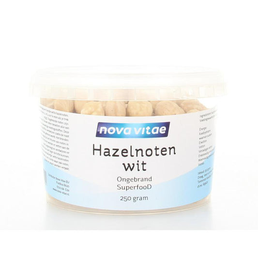 Raw hazelnuts from Nova Vitae, unbranded, 250 grams, displayed in a natural setting with fresh, whole hazelnuts and shells.