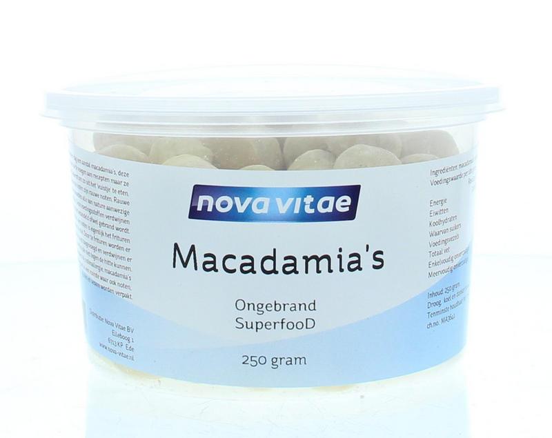 Raw Nova Vitae Macadamia nuts in 250g pack, unroasted and natural, part of superfoods selection, displayed in the image.