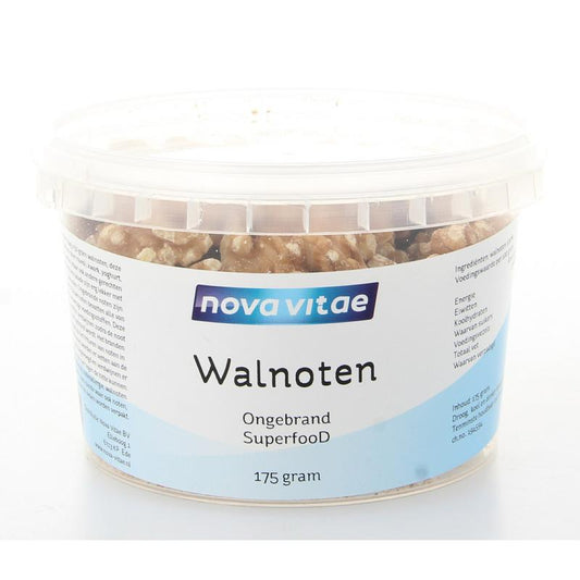 Unopened package of Nova Vitae raw walnuts, 175g, in a clear plastic bag showing whole, natural walnuts on a white background.