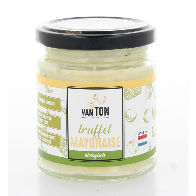 Van Ton bio truffle mayonnaise in 190ml jar, creamy sauce with truffle flavor, ideal for gourmet sandwiches and salads.