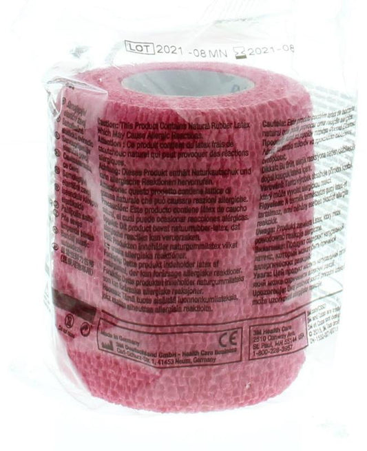 3M Coban self-adhesive elastic bandage in red, 7.5cm x 4.5m, shown rolled up for secure wound support.