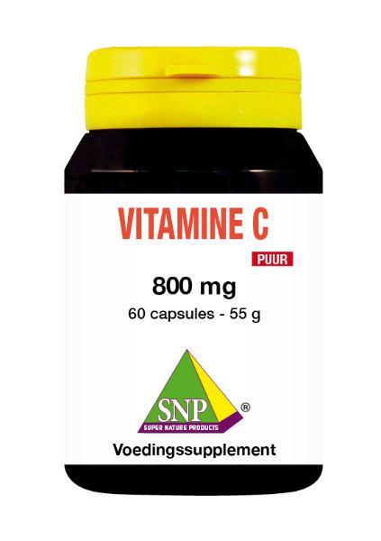 SNP Vitamine C 800 mg puur supplement in a bottle of 60 capsules, showing the vitamin C capsules and label.
