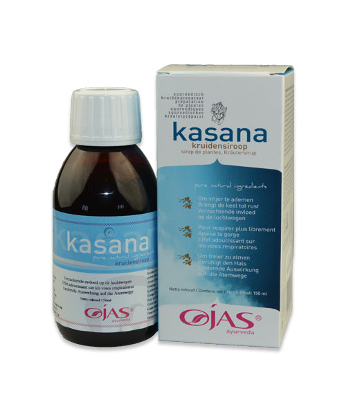 Ojas Kasana herbal preparation bottle, 150ml, in a clear container with a white label, showcasing natural herbal ingredients.