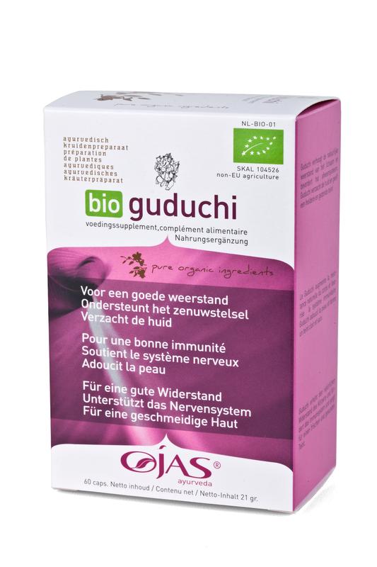 Ojas Guduchi bio capsules, herbal supplement by Ojas, shown in a clear bottle with capsules inside, labeled as Kruidenpreparaten.