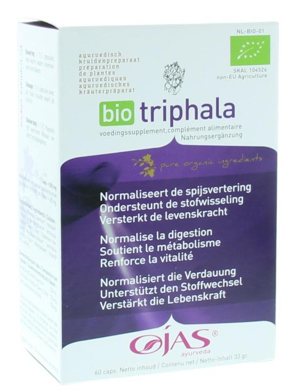 Ojas Triphala bio capsules in a bottle, herbal supplement from Kruidenpreparaten line, 60 capsules for digestive health.