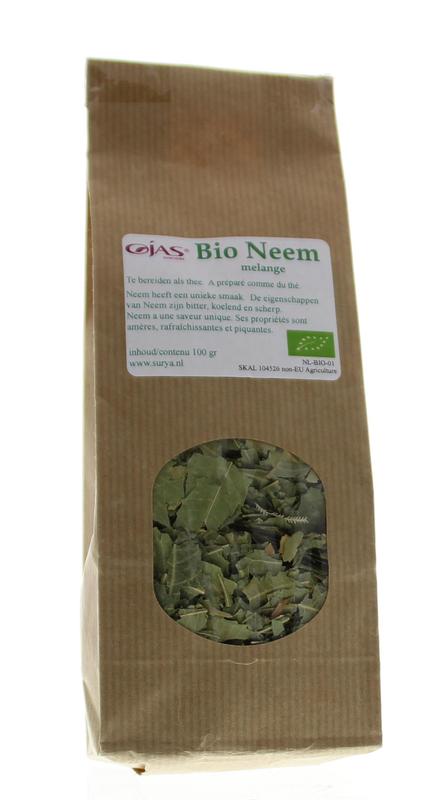 Ojas Neem Melange bio tea in a 100g package, featuring dried neem leaves and herbs for a natural herbal tea experience.