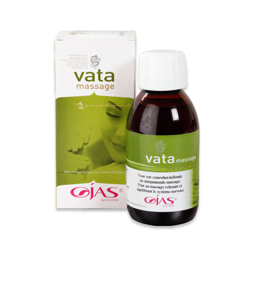 Ojas Vata massage oil 150ml in a clear bottle, ideal for body care and relaxation, with a natural herbal scent.